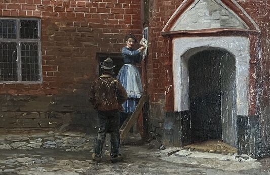 "En Morgenvisit" af Peter Tom-Petersen. I g&aring;rden p&aring; Ryg&aring;rd