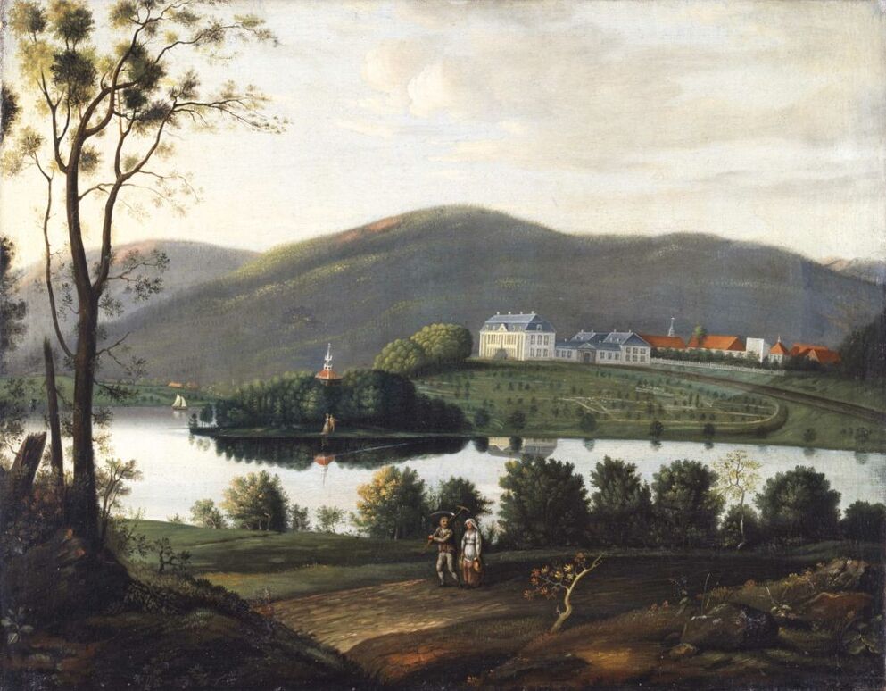 Historisk maleri af norsk landskab med herregård i baggrunden.