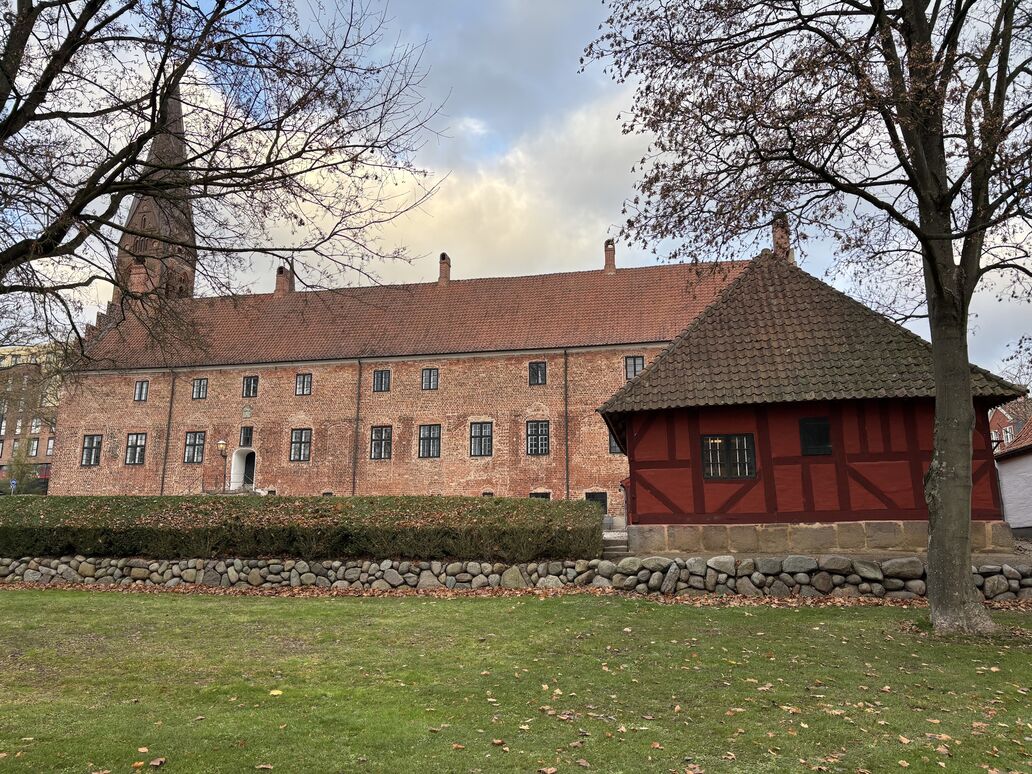 Odense Adelige Jomfrukloster set fra græsplæne i let frøperspektiv.